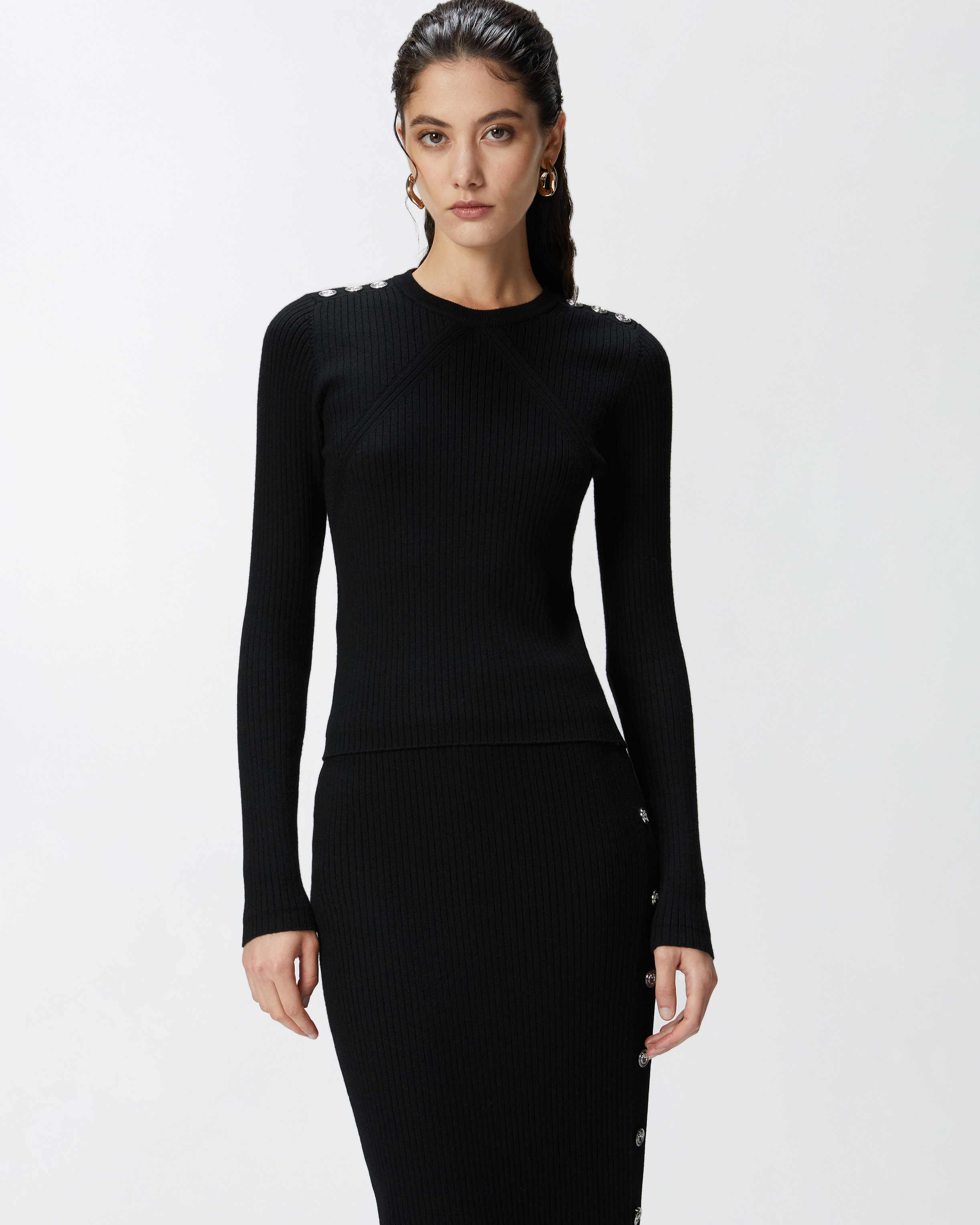 Pinko, Long-sleeved ribbed wool sweater, Limo black, XXS