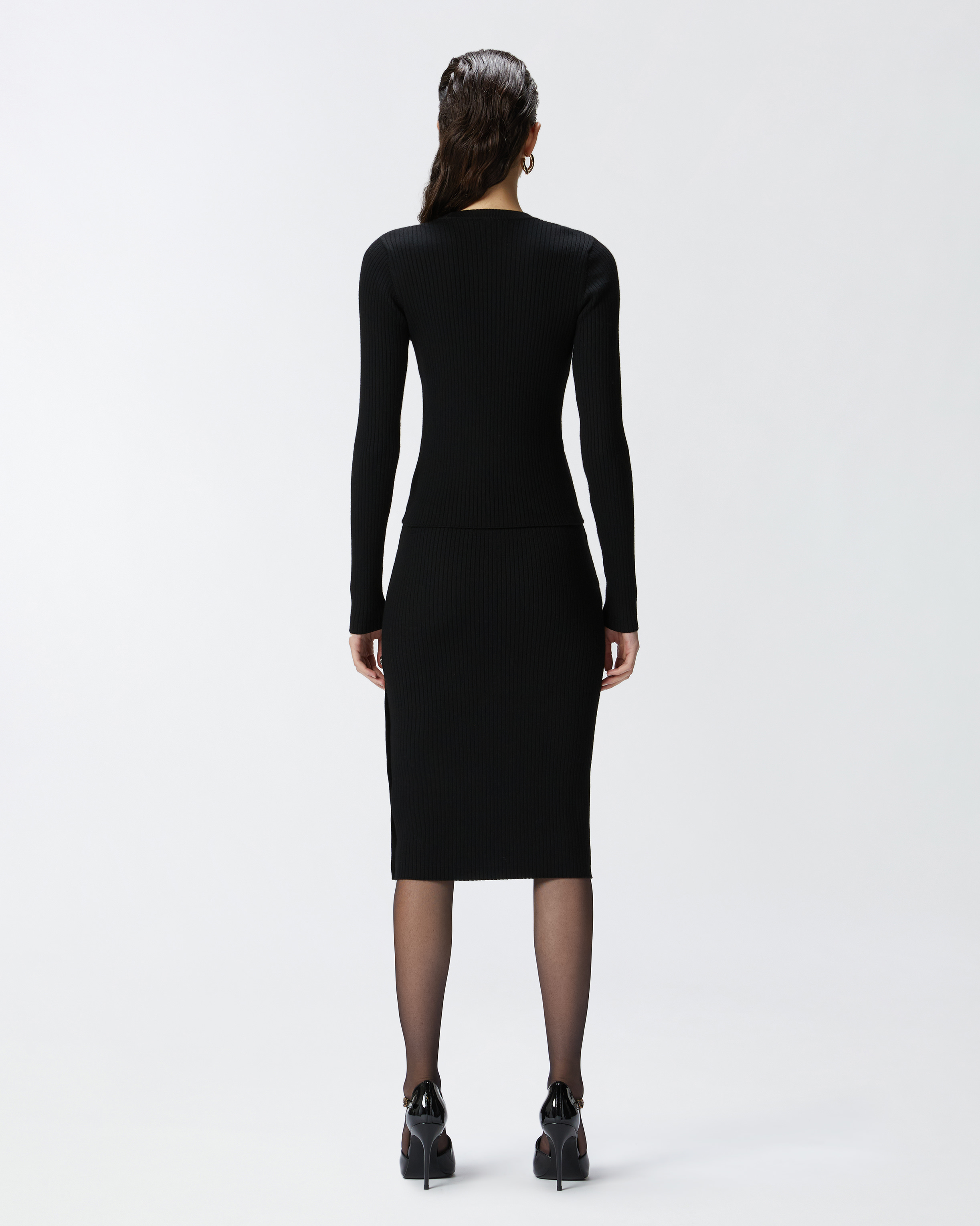 Pinko, Long-sleeved ribbed wool sweater, Limo black, XXS
