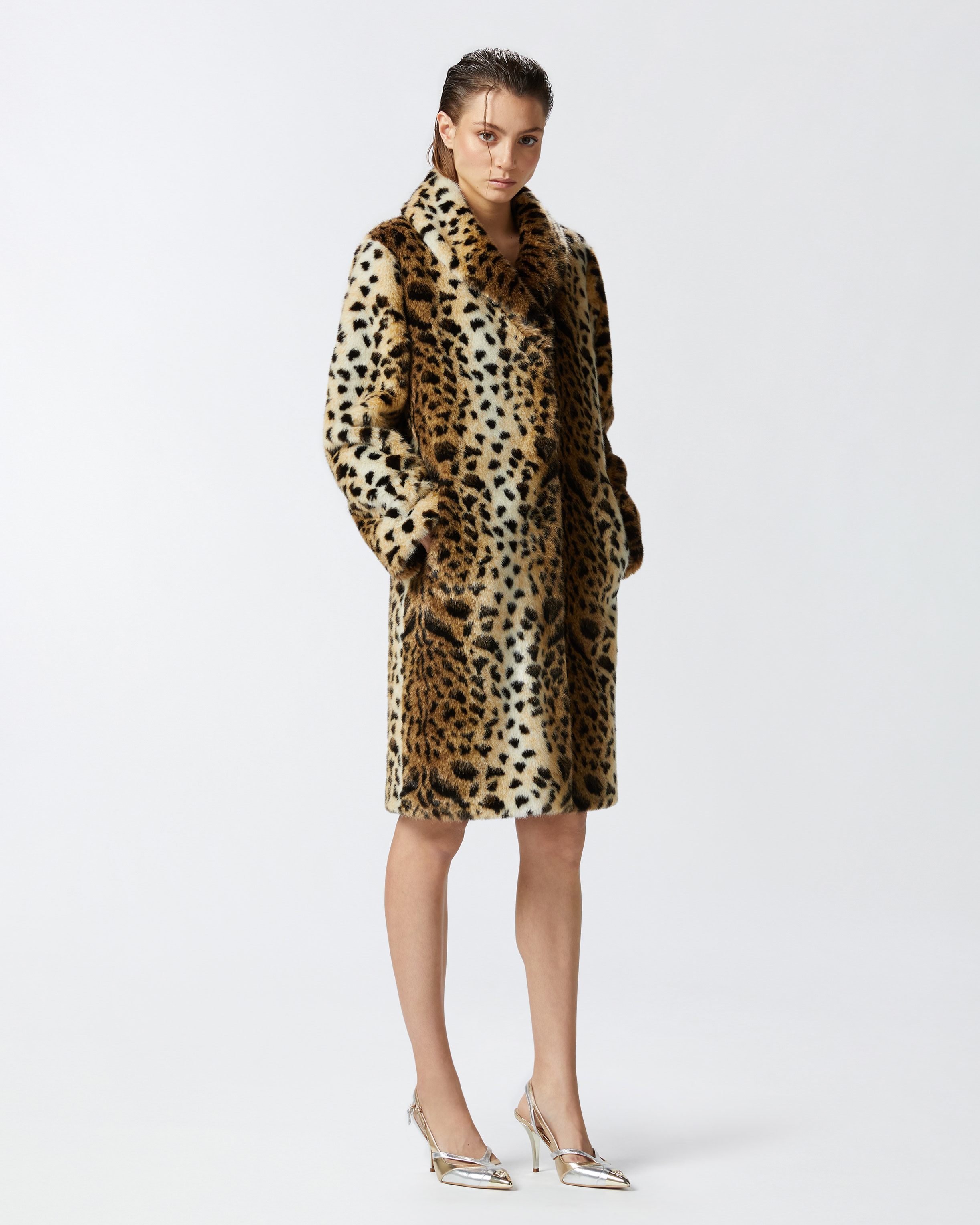 Pinko, Spotted fur effect coat, Beige/black, 42