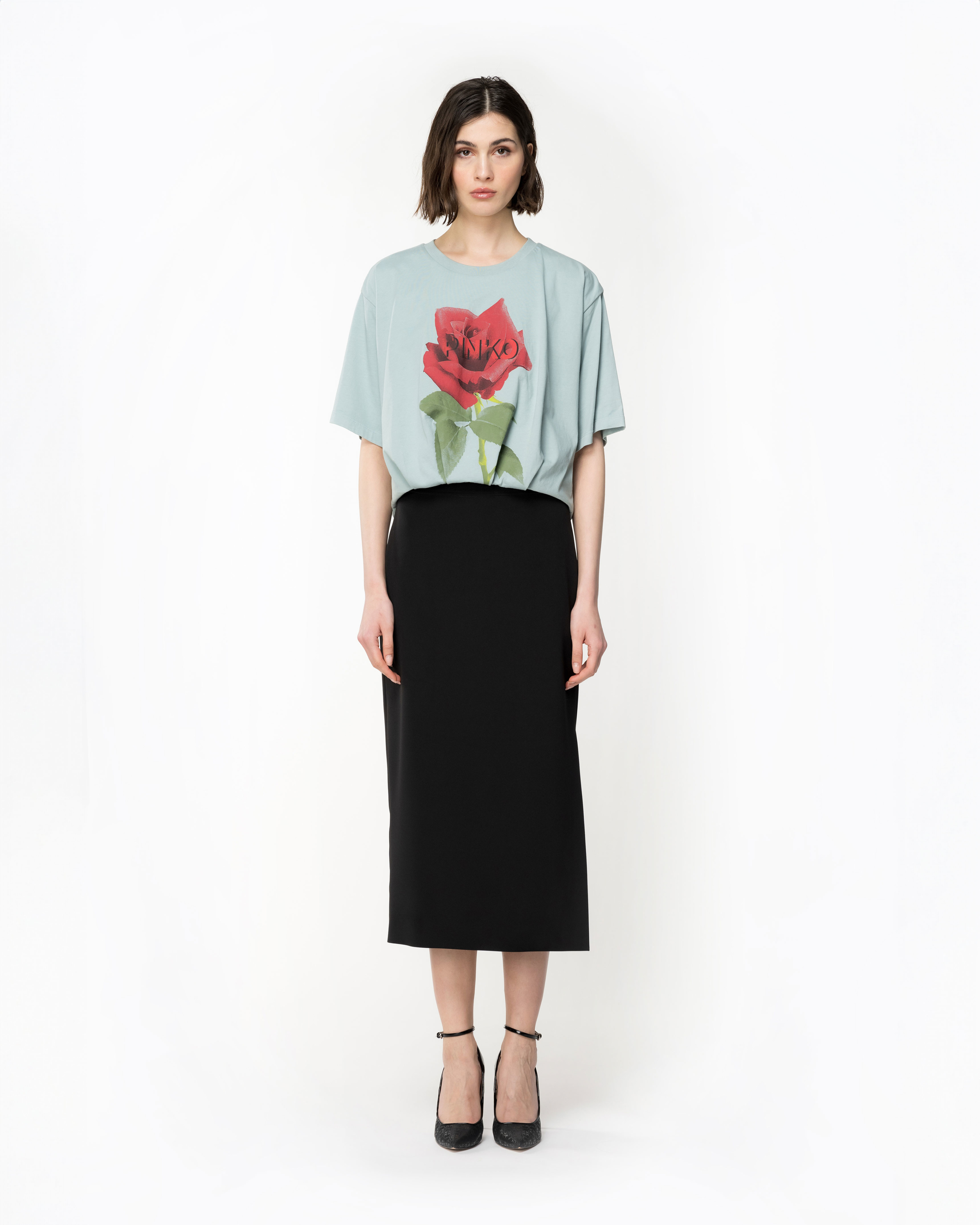 Pinko, Cropped T-shirt with rose print, Silvery blue, S