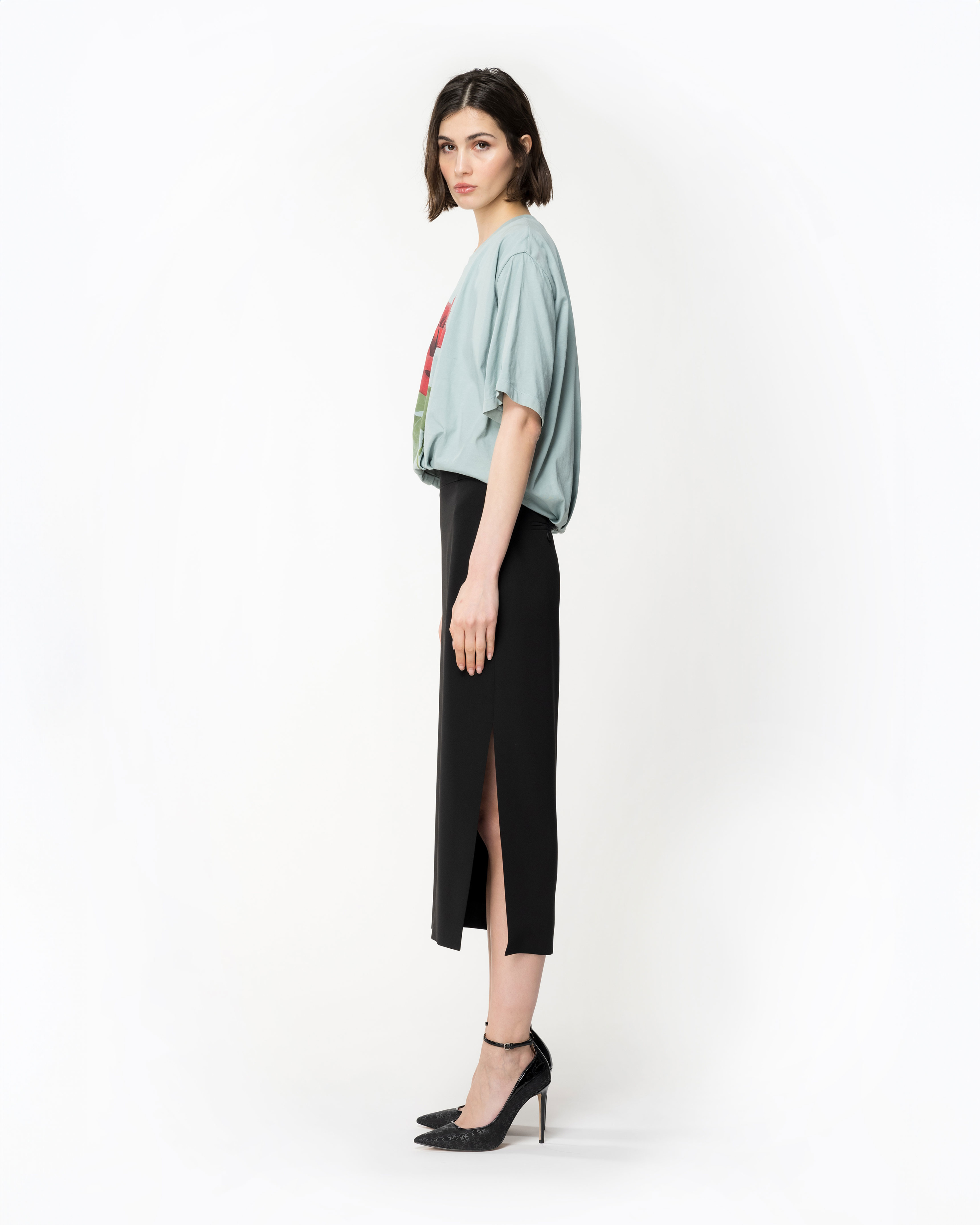 Pinko, T-shirt crop z nadrukiem róży, Srebrny błękit, S