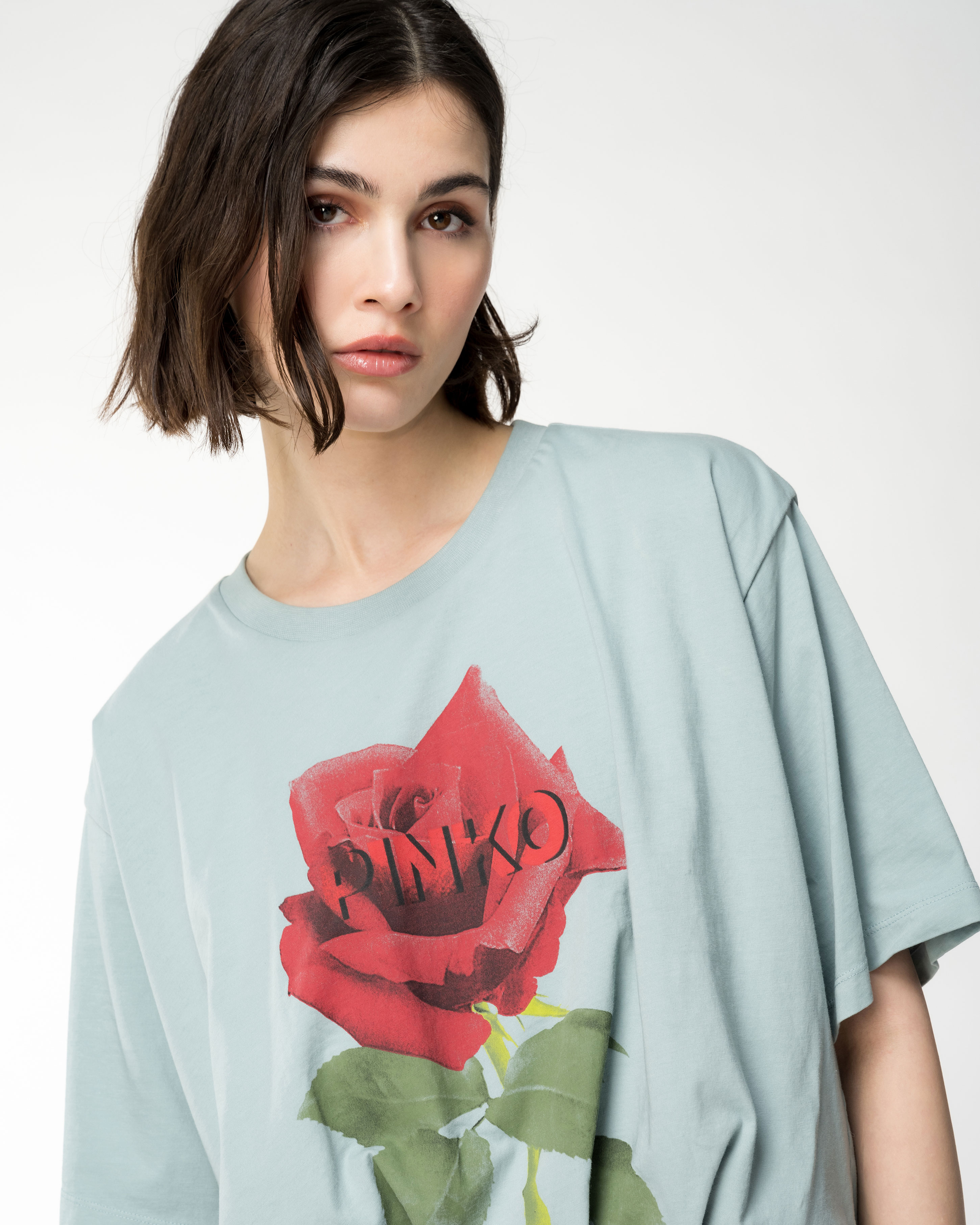 Pinko, T-shirt crop z nadrukiem róży, Srebrny błękit, S