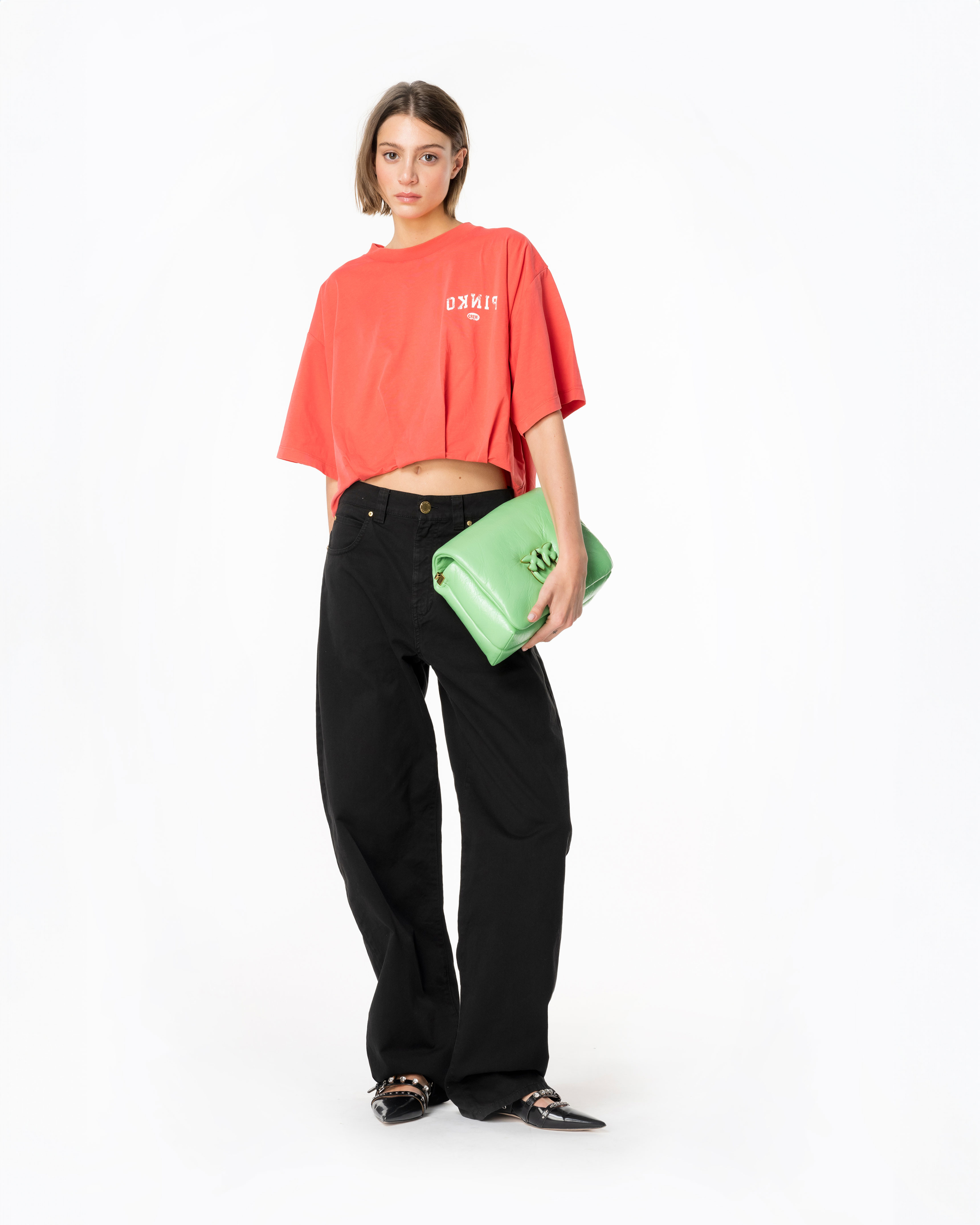 Pinko, Cropped T-shirt with logo print, Dulcamara red, L