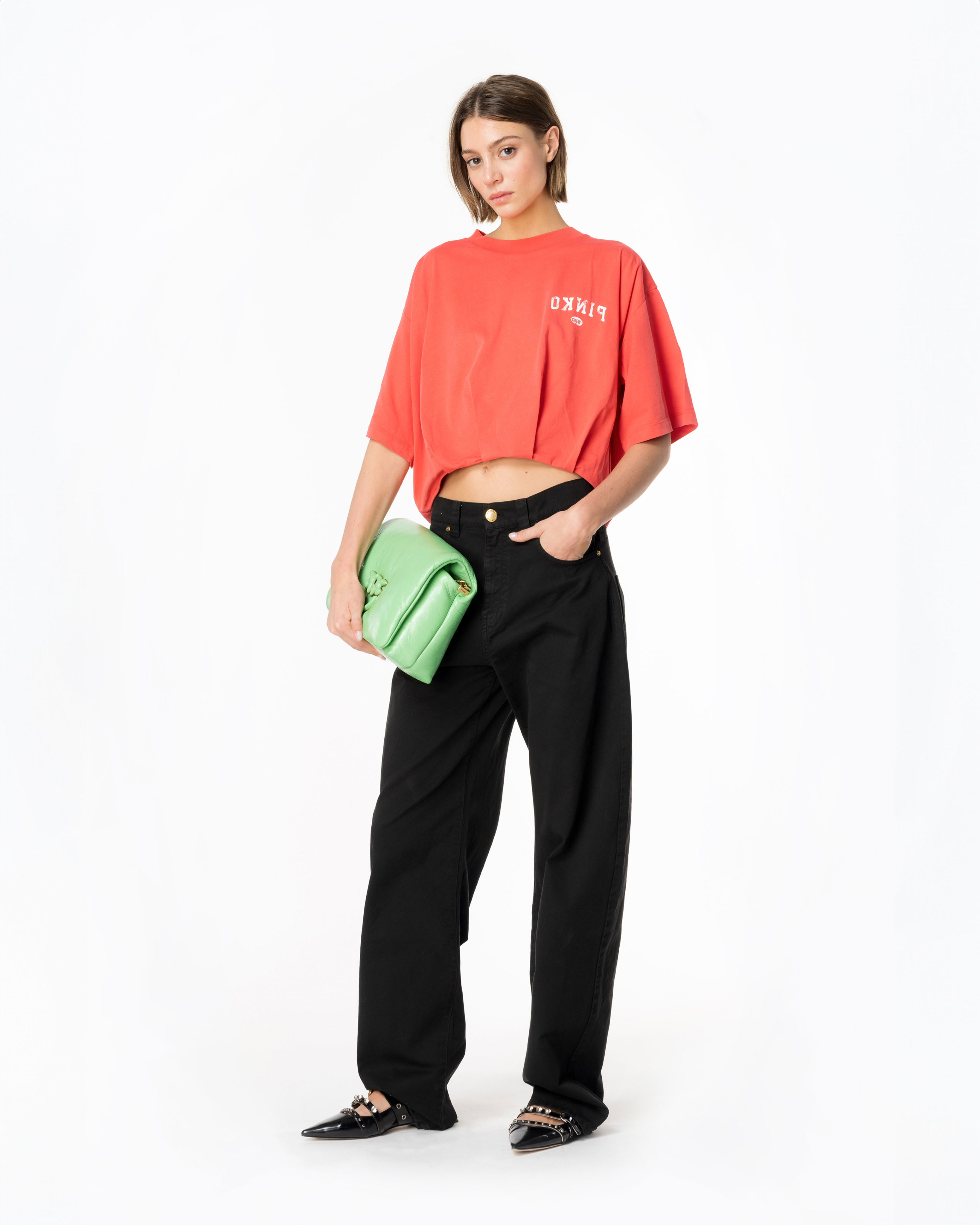 Pinko, Cropped T-shirt with logo print, Dulcamara red, M