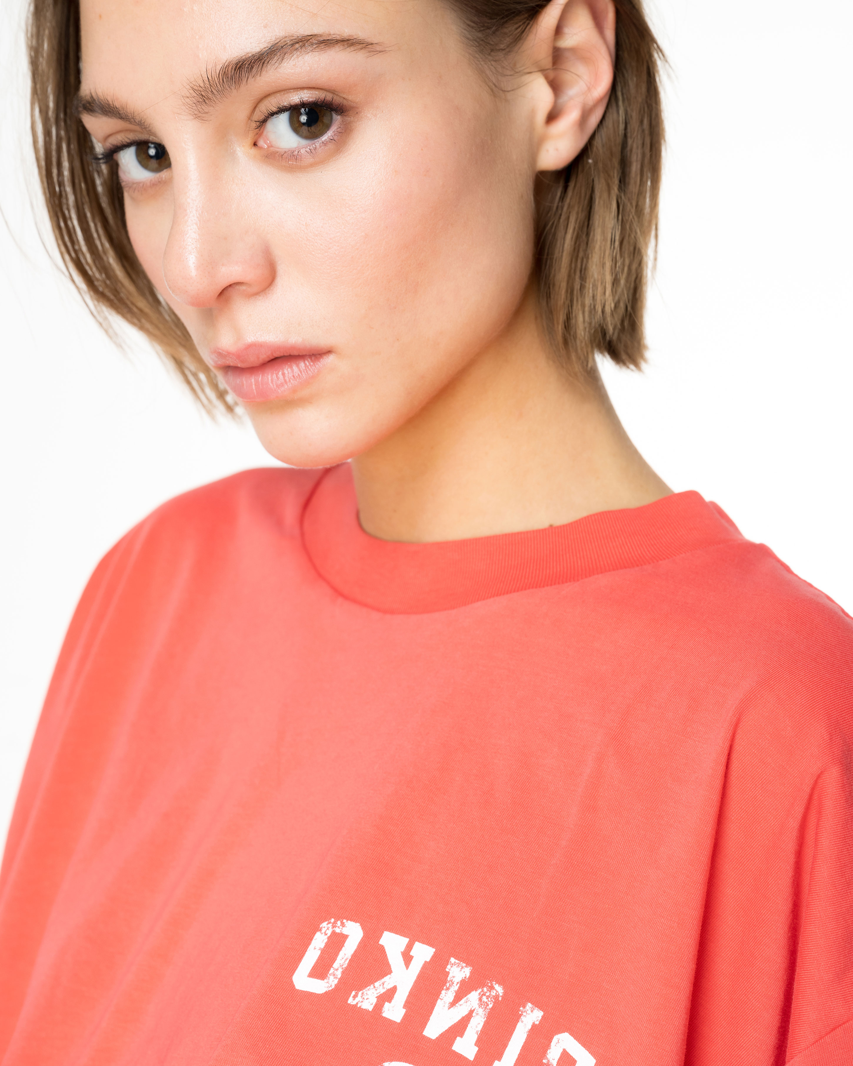 Pinko, Cropped T-shirt with logo print, Dulcamara red, L