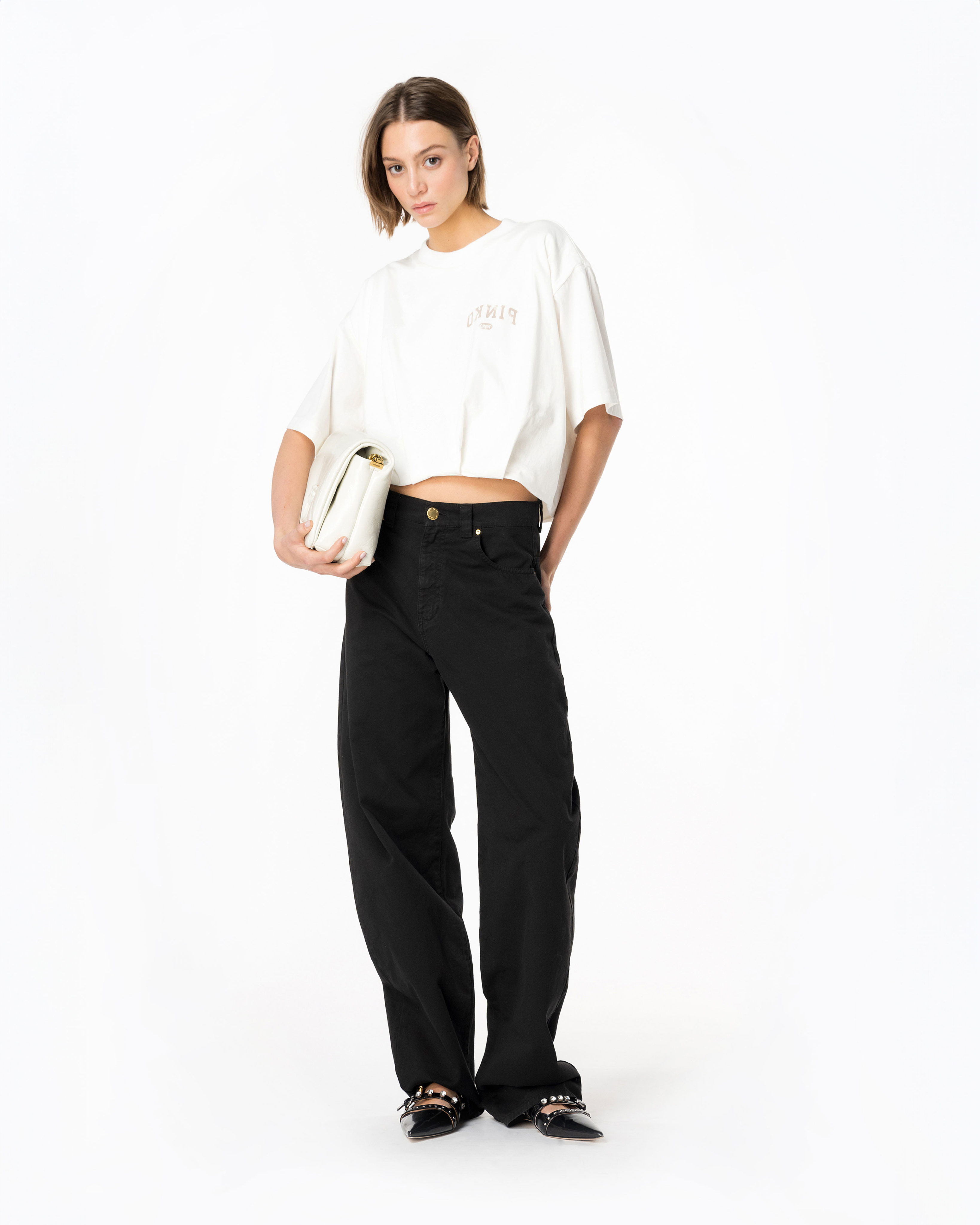 Pinko, Cropped T-shirt with logo print, Pure white, M