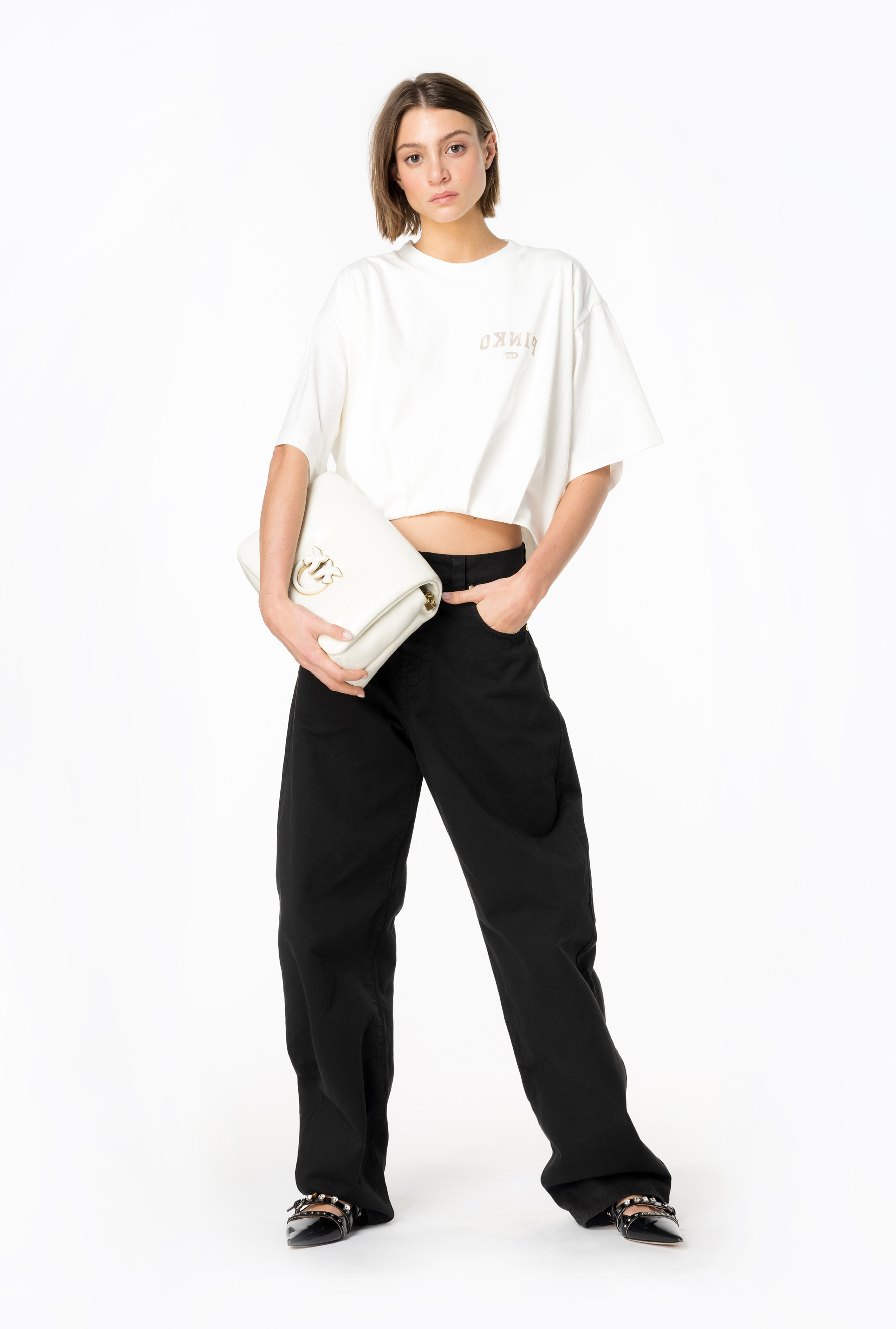 Pinko, Cropped T-shirt with logo print, Pure white, L