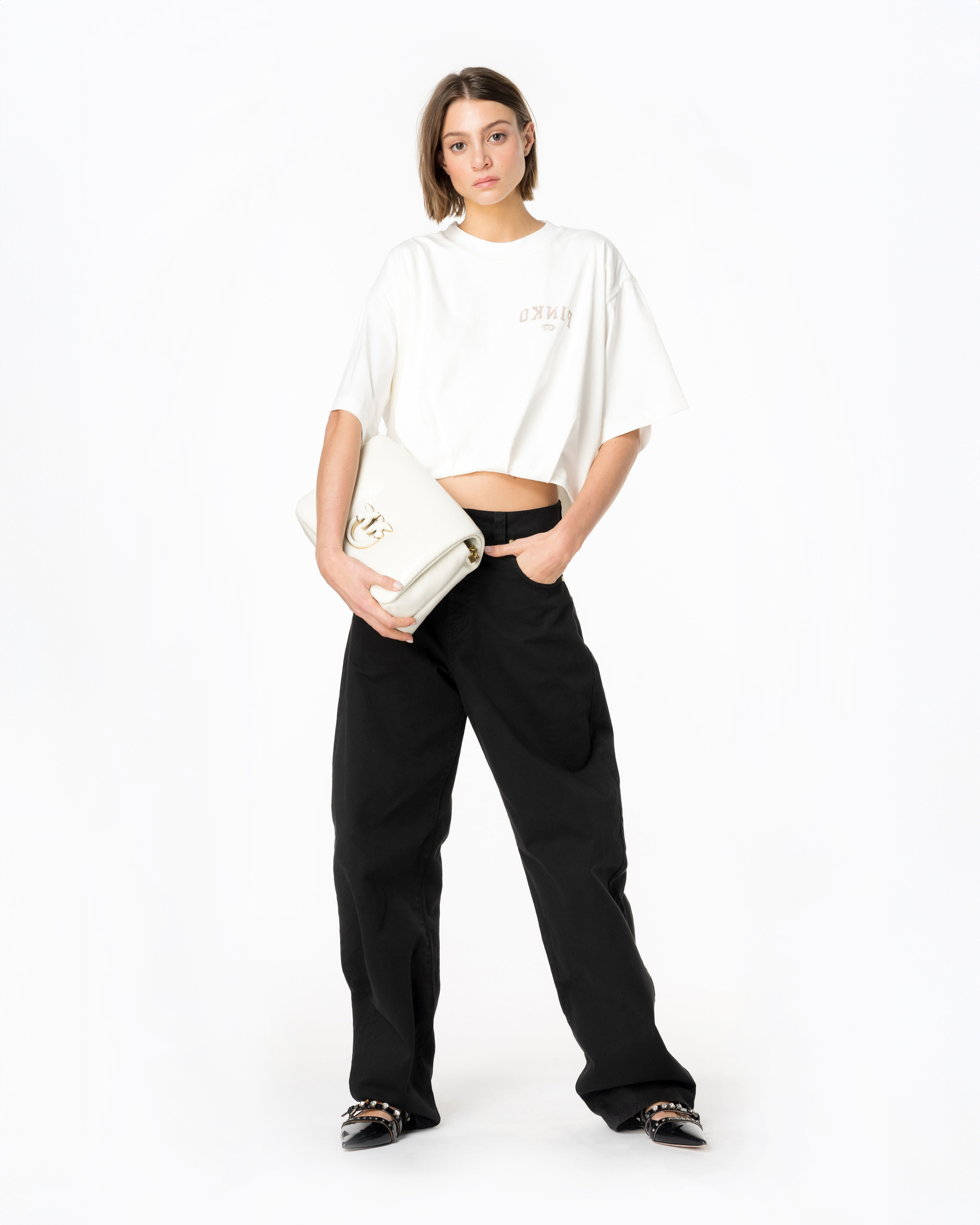 Pinko, Cropped T-shirt with logo print, Pure white, M