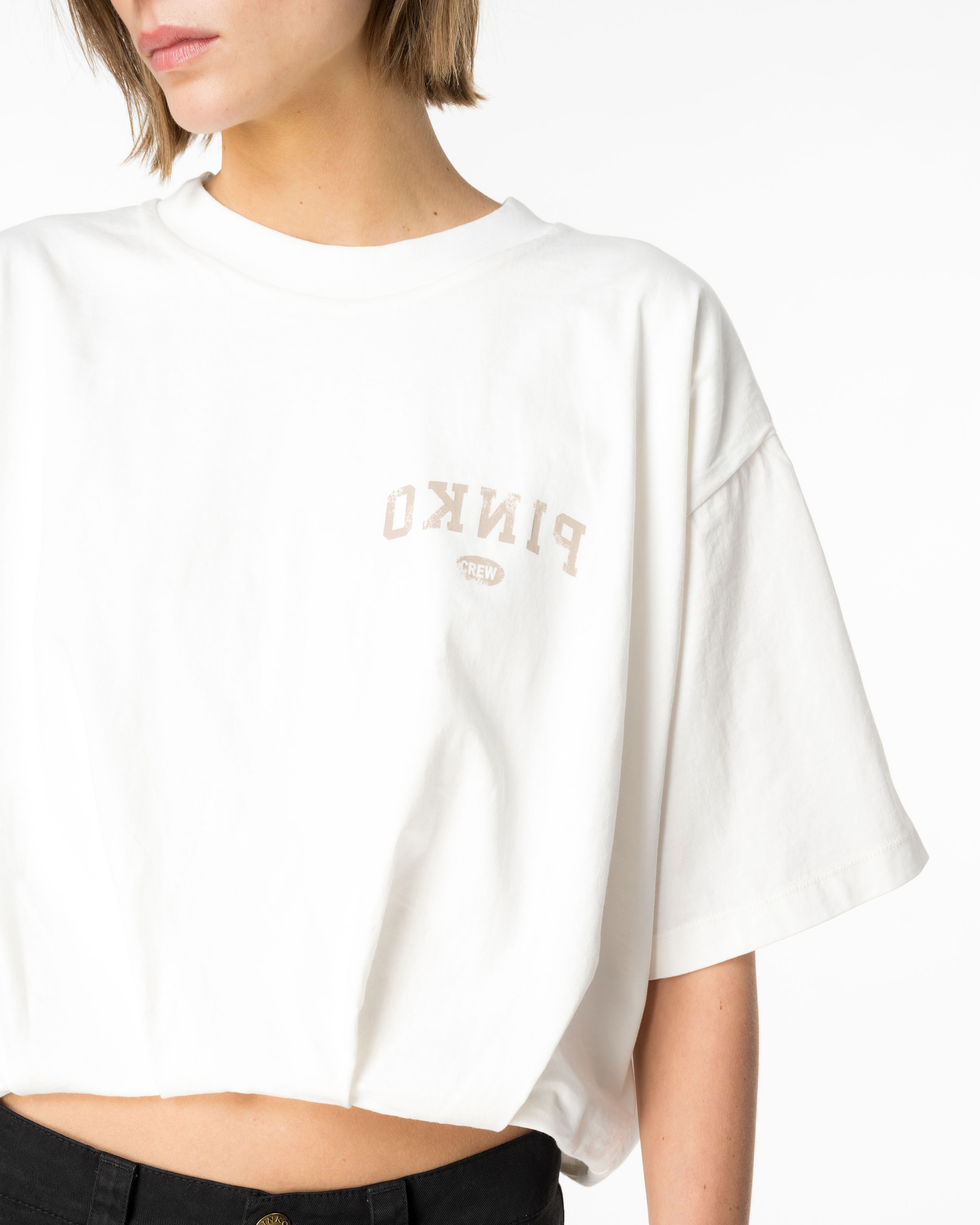 Pinko, Cropped T-shirt with logo print, Pure white, M