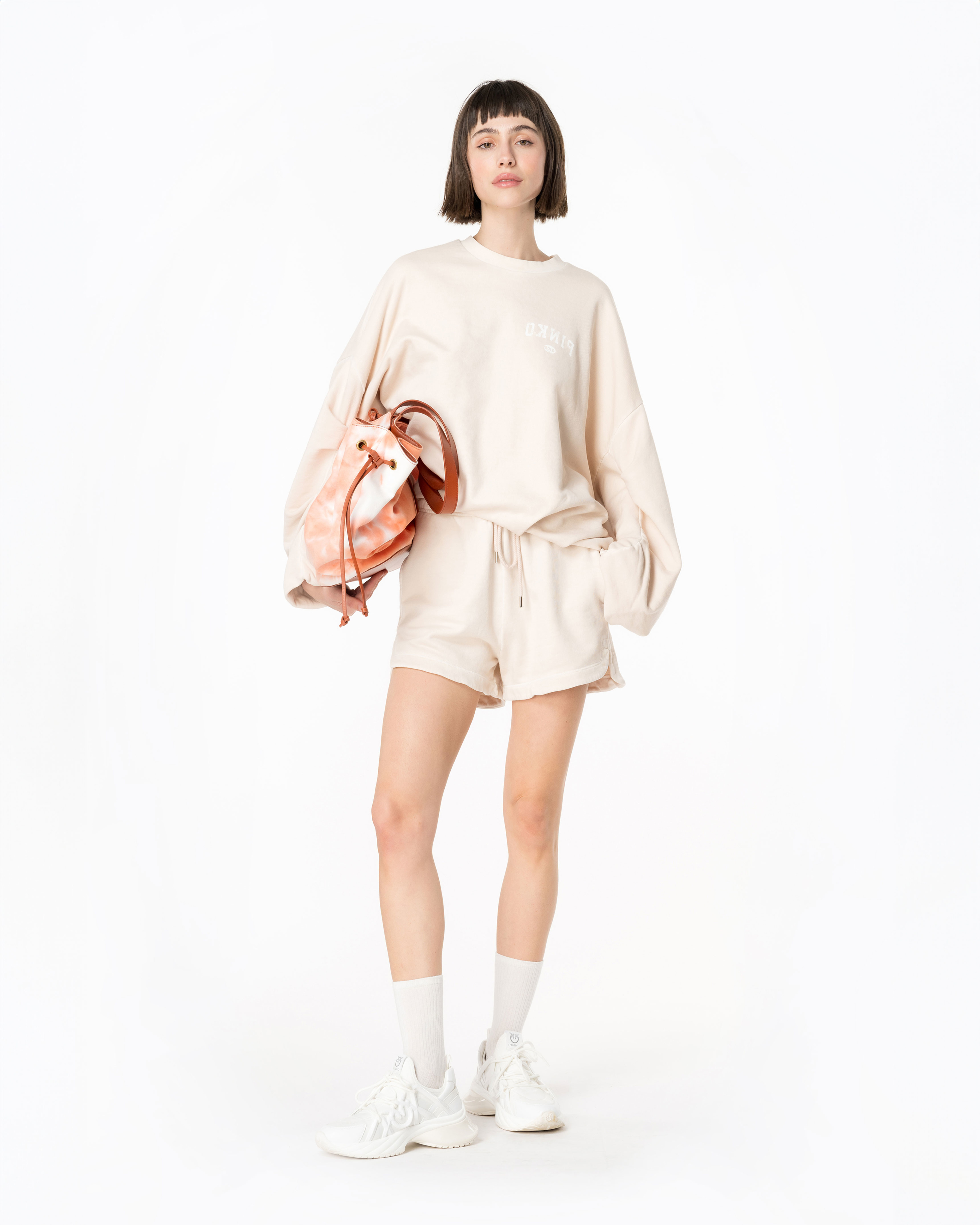 Pinko, Oversized sweatshirt with logo print, Rainy-day beige, M-L