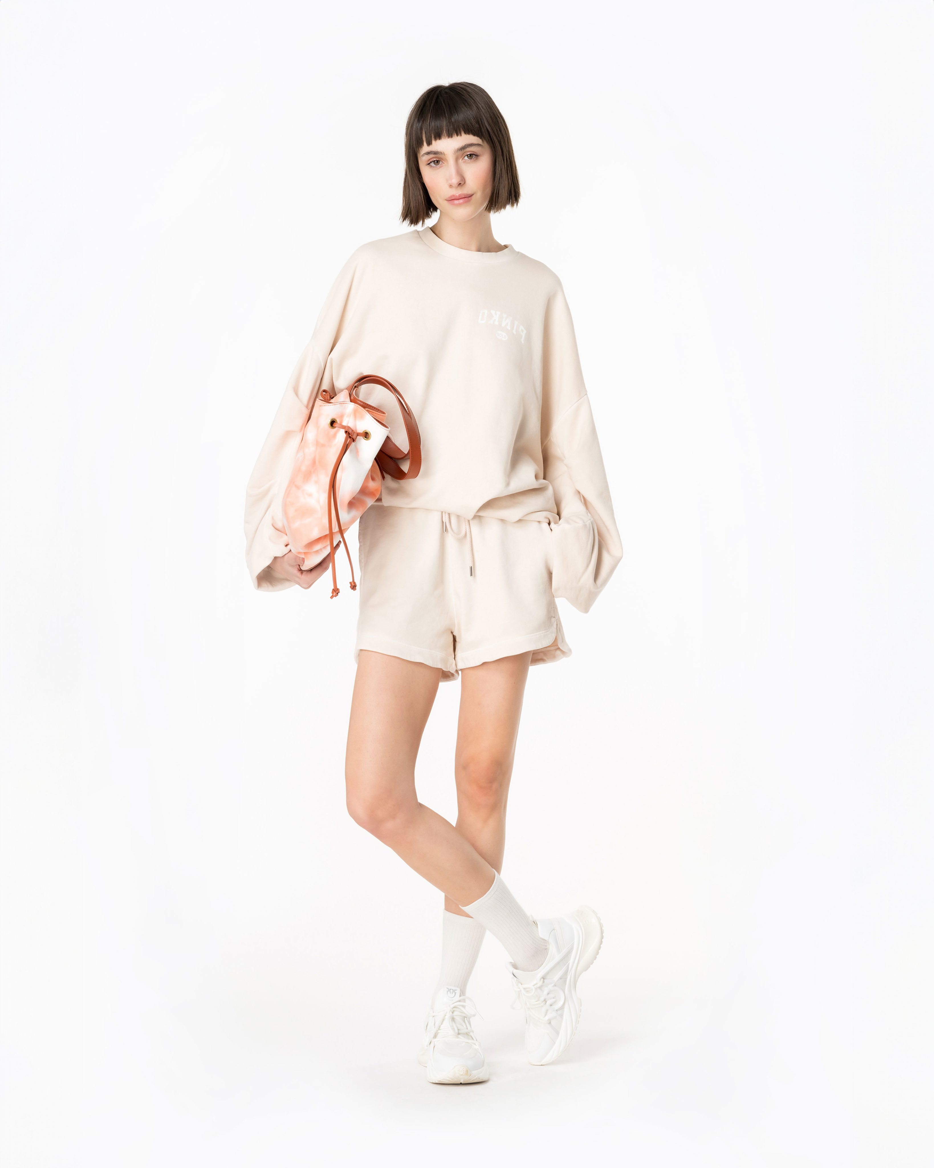 Pinko, Oversized sweatshirt with logo print, Rainy-day beige, M-L