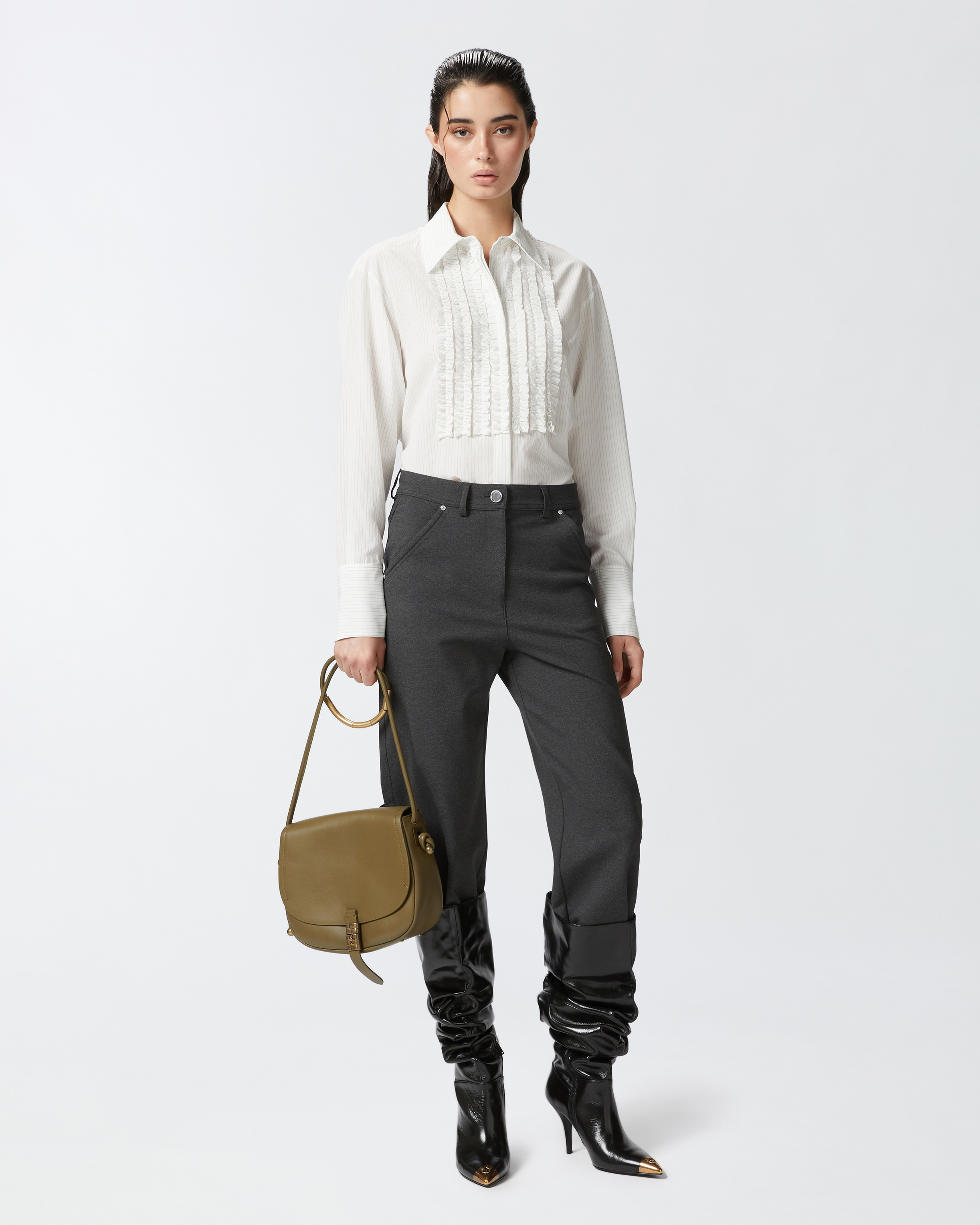 Pinko, Camisa de rayas finas con volante delante, Blanco/negro, 46