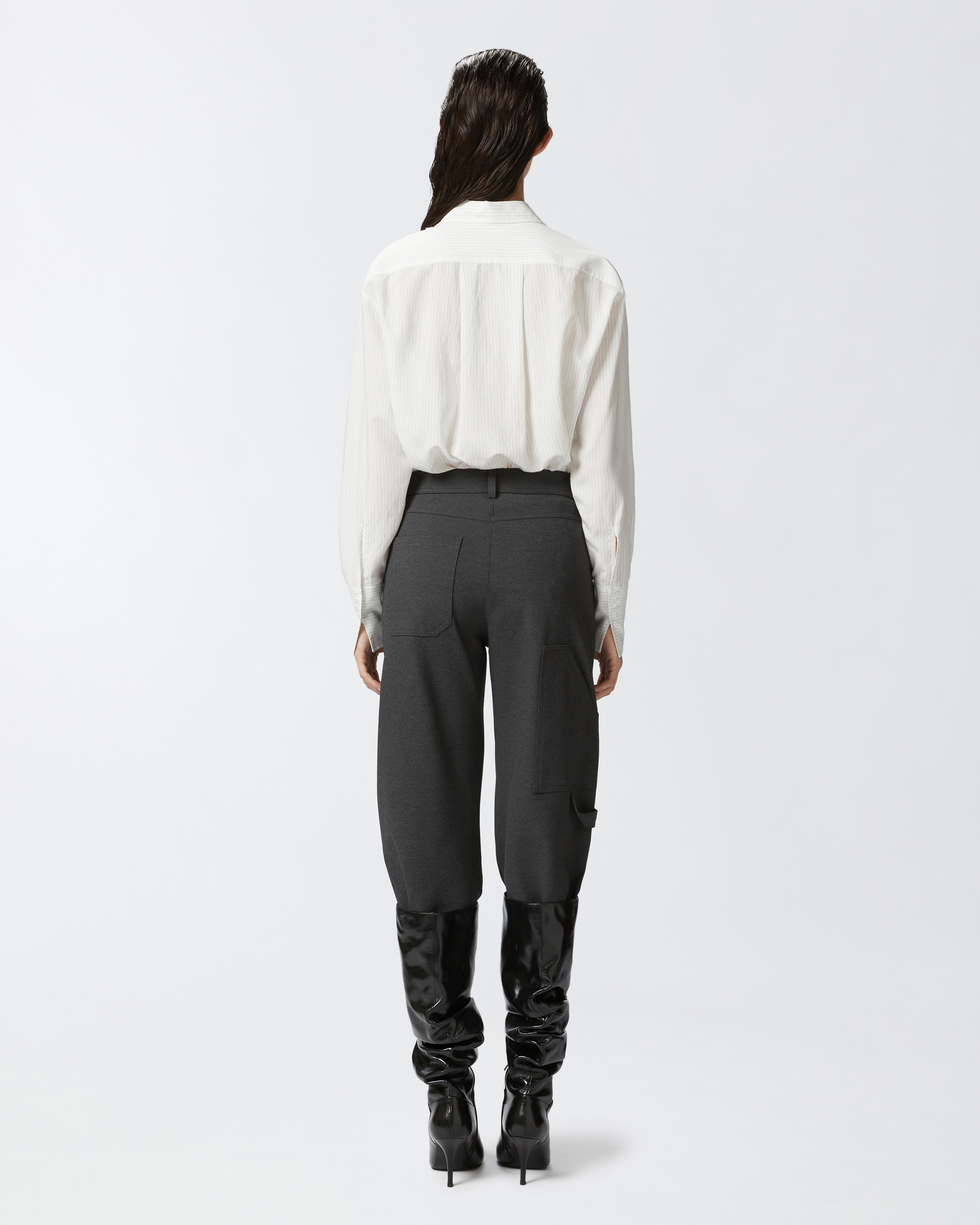 Pinko, Camisa de rayas finas con volante delante, Blanco/negro, 46