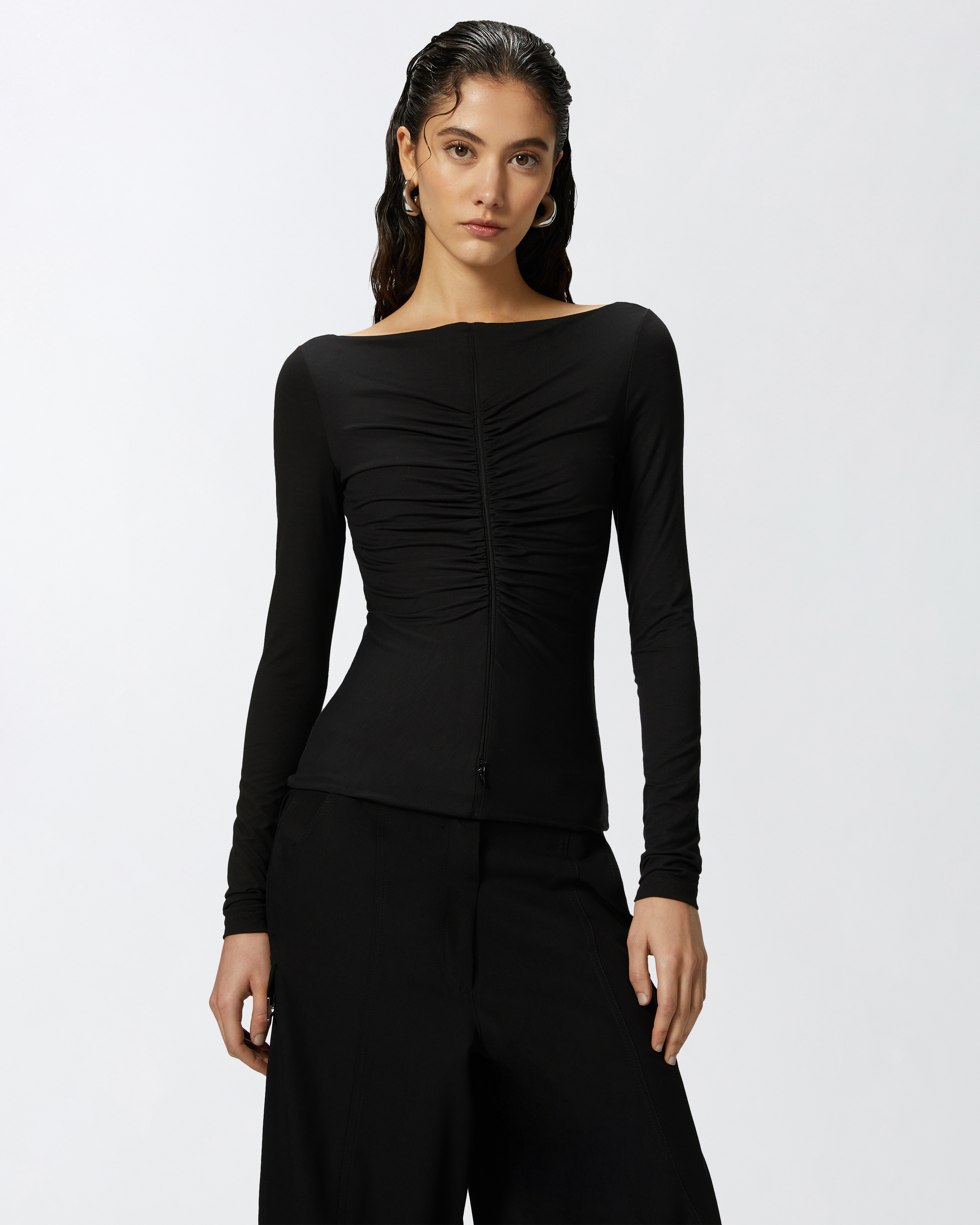 Pinko, Slim-fit sweater with zip and gathering at the front, Limo black, XXS