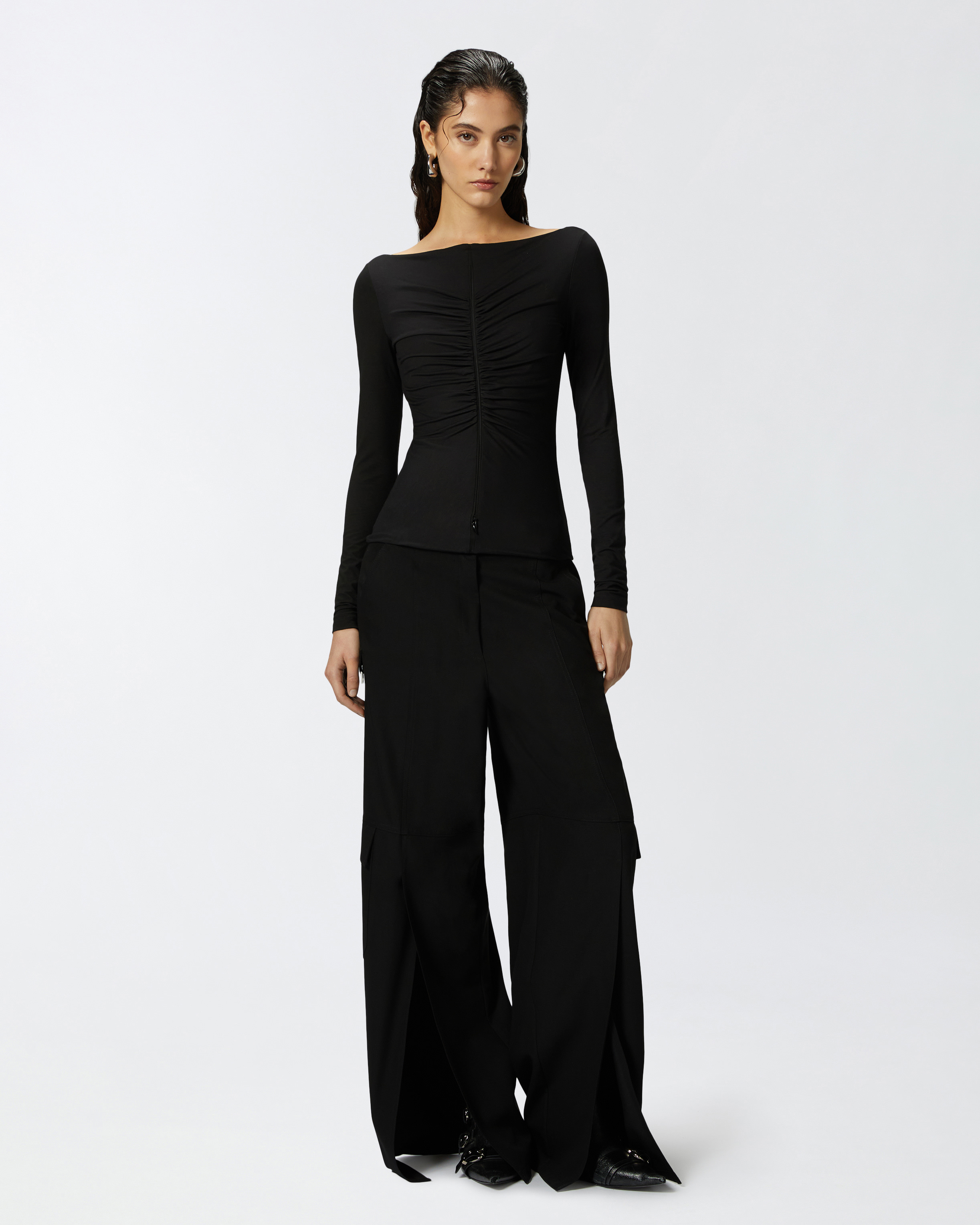 Pinko, Slim-fit sweater with zip and gathering at the front, Limo black, XXS