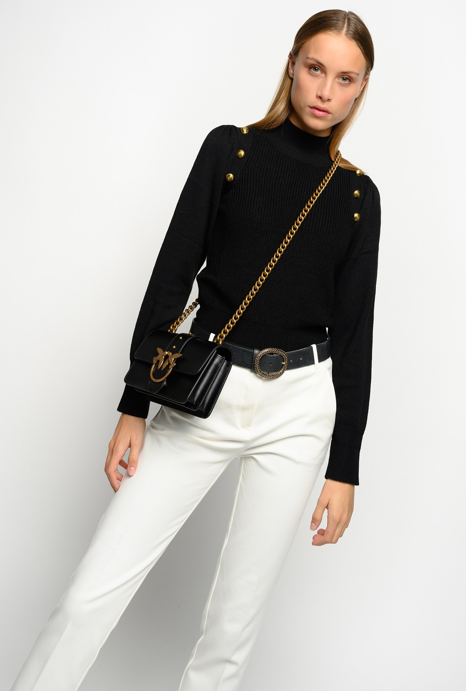 black polo neck jumper with gold buttons