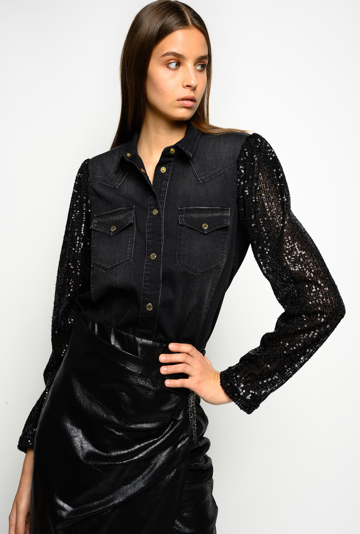 black top with sequin sleeves