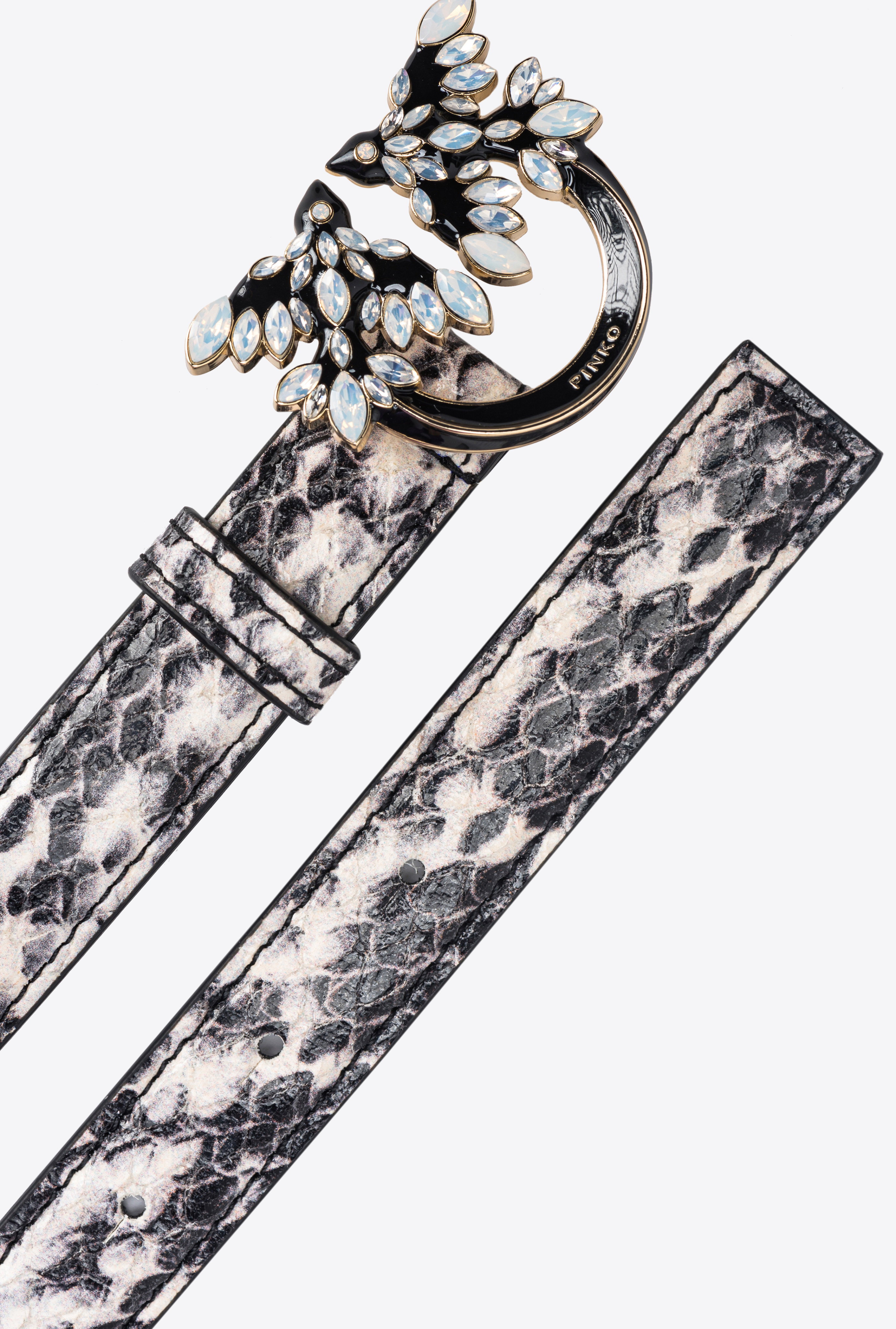Pinko, Cintura sottile fibbia Love Birds rettile 2cm PINKO Galleria, Bianco/nero-light gold, XS