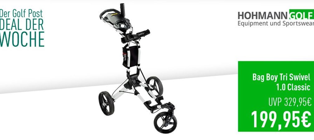 Bag Boy Tri Swivel 1.0 Trolley inklusive Schirmhalter im Deal der Woche. (Foto: Golf Post)