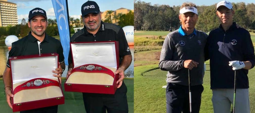 Bernhard Langer und Sohn Jason (rechts) müssen Team Cabrera (links) den Sieg überlassen. (Fotos: Twitter/@PNCFatherSon)