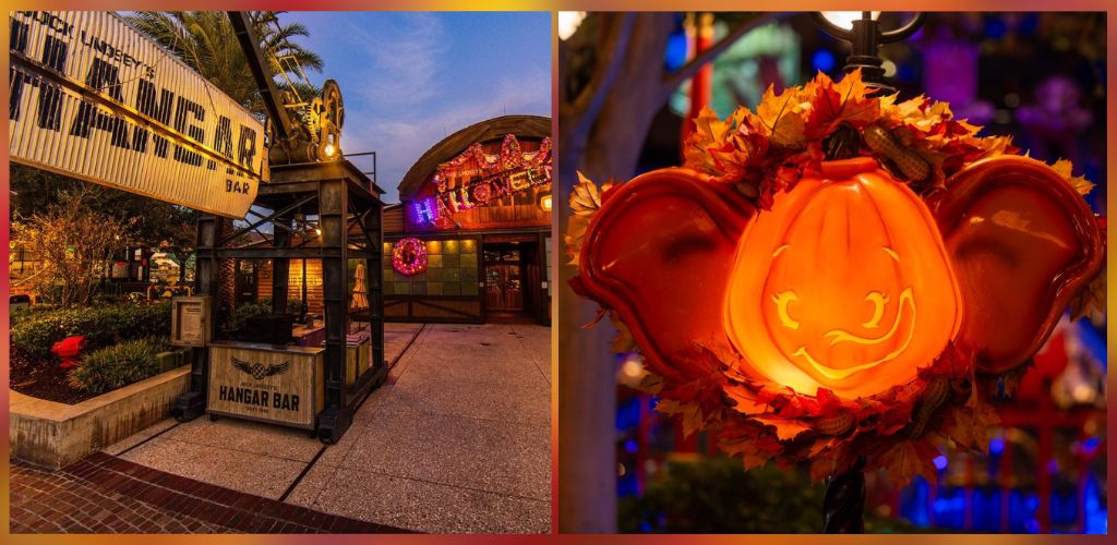 A Halloween themed scene featuring a lit jack-o'-lantern with a smiling face, surrounded by colorful leaves and festive decorations at night.