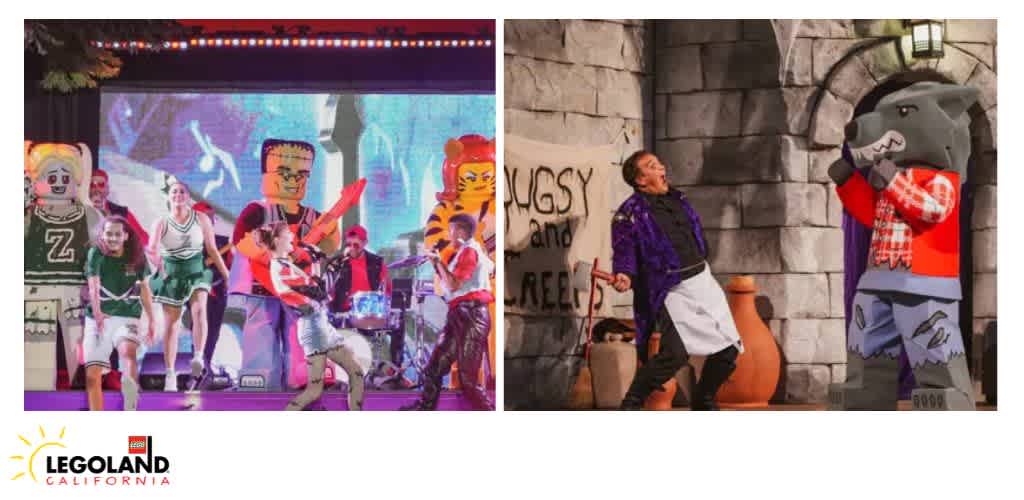 Split image of colorful stage performances at LEGOLAND California with LEGO-themed characters and props.