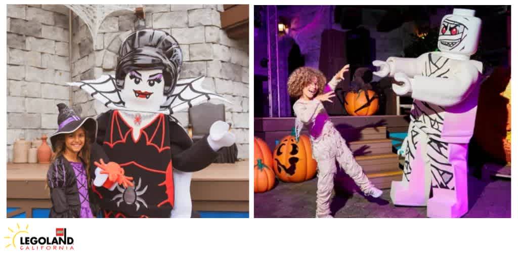 Children in Halloween costumes with LEGO vampire and mummy characters at Legoland California.