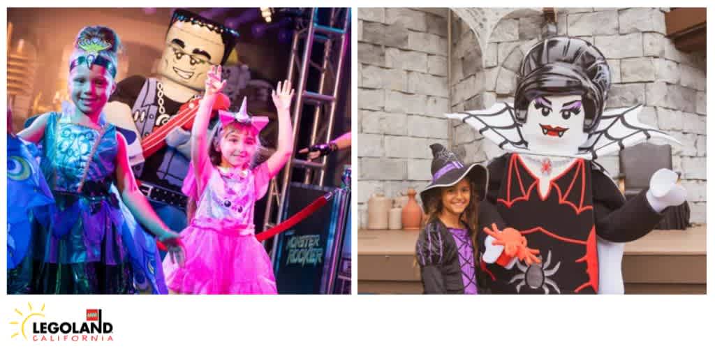 Children in costumes with Frankenstein and vampire figures at an event.