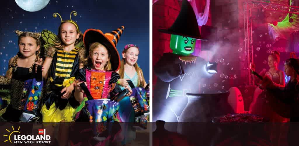 Children in Halloween costumes and a LEGO witch with a cauldron.