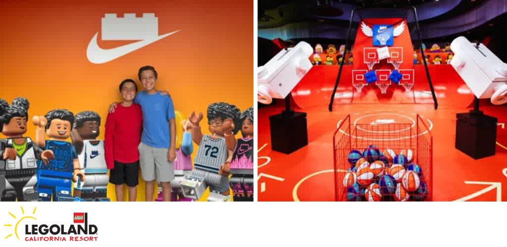 Children with LEGO basketball figures in front of an orange wall with a modified Nike logo; beside a basketball court setup with hoops and basketballs.