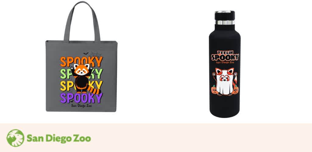 A grey tote bag and a black water bottle with Halloween-themed red panda designs.