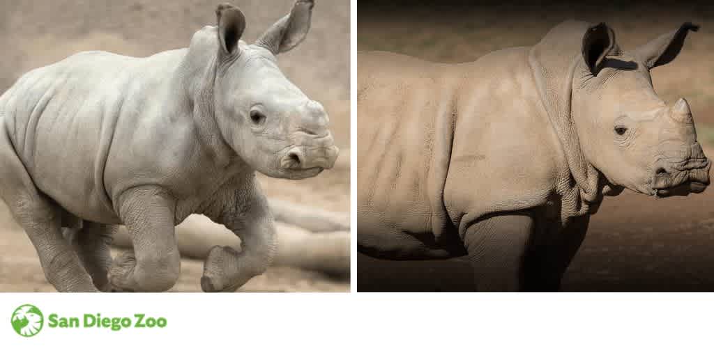 Two young rhinos, one running and one standing still, with a logo of the San Diego Zoo.