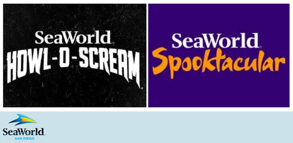 Logo image featuring SeaWorld Howl-O-Scream in black and white on the left and SeaWorld Spooktacular in colorful text on the right with a SeaWorld logo at the bottom.