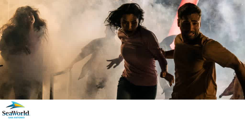 People running through smoke with expressions of urgency.