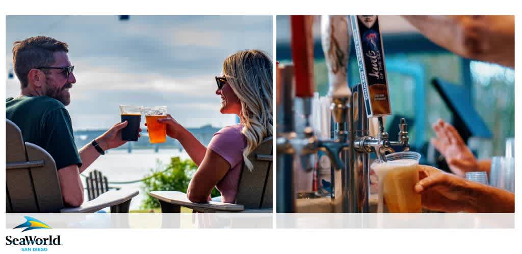 Two people toasting drinks by the water; close-up of beer being poured from a tap.