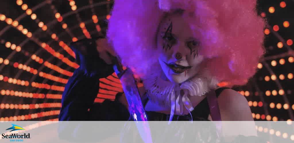 A person dressed as a clown with a large pink wig, face paint, and a black and red costume in front of colorful lights.