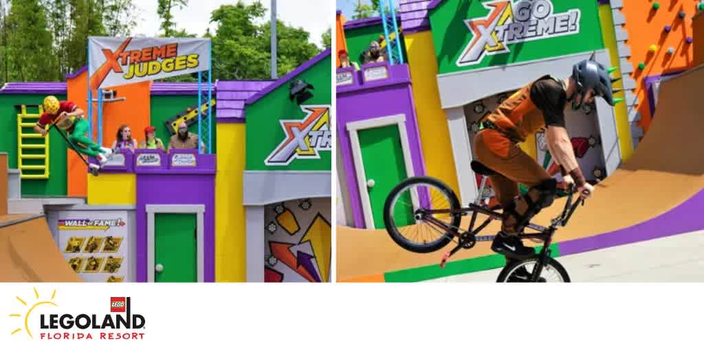 A vibrant performance scene with an Xtreme Judges booth and a BMX rider doing tricks at a theme park.
