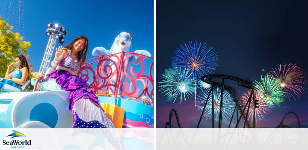 A mermaid on a parade float with a dolphin mascot; fireworks over a roller coaster at night.