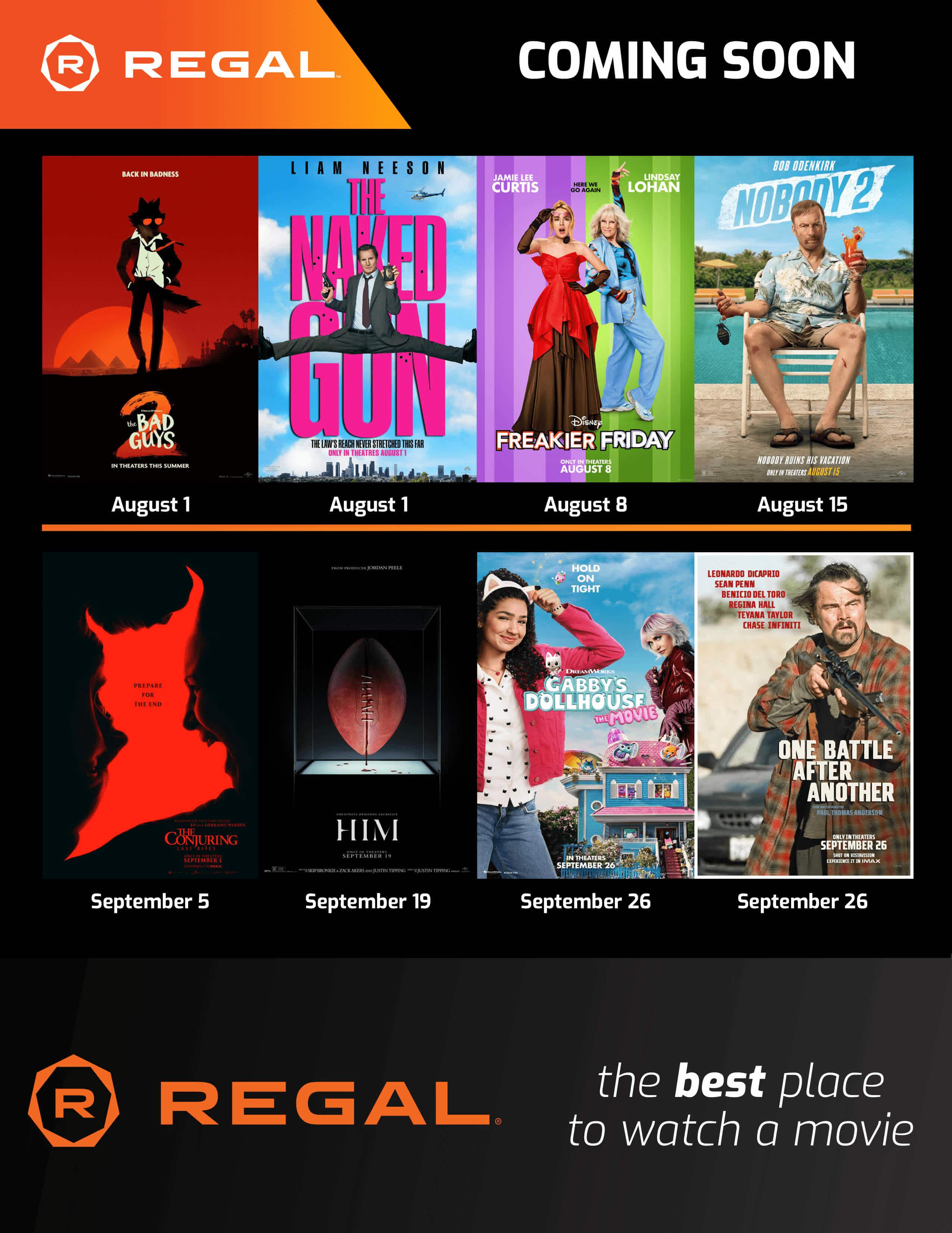 Poster from Regal featuring eight upcoming movies and their release dates. Includes diverse movie themes and designs.