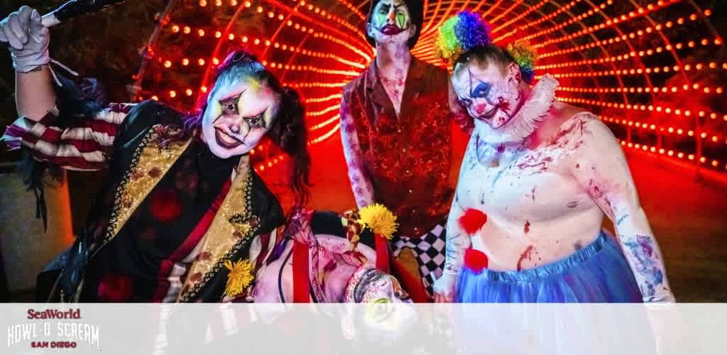 Image shows three individuals dressed as scary clowns with face paint and costumes, with one holding flowers. They are standing in front of a brightly lit ferris wheel at night, promoting SeaWorld San Diego's Howl-O-Scream event. The ambiance is festive yet spooky.