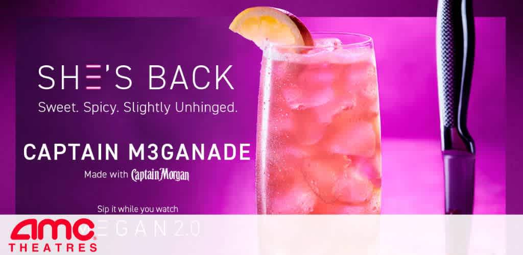 A promotional graphic for a beverage with a glass of pink drink and AMC Theatres logo.