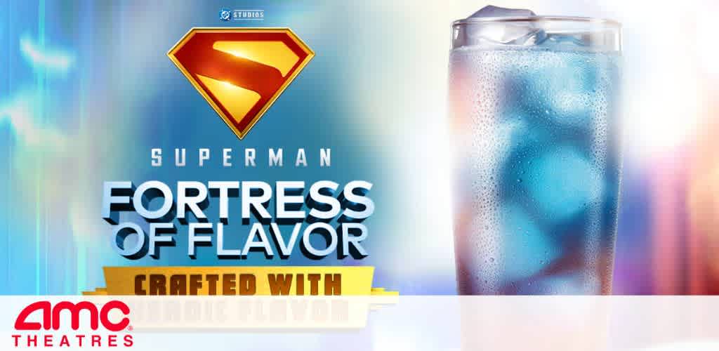 Promotional graphic with Superman logo and a glass of blue beverage.
