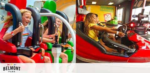 This image is split into two panels featuring young guests enjoying attractions at Belmont Park. The left side of the image shows a bright interior space with a girl on a green and red amusement park ride. She's secured by a black harness and is laughing with her mouth open, holding onto a handle, suggesting motion and excitement. The ride appears to simulate a hang-gliding experience, as indicated by her seating position and the structure of the ride.

The right side of the image presents another indoor scene, with a girl in a yellow shirt operating a red bumper car, hands on the wheel, focused on navigating her vehicle. The backdrop includes other bumper cars and patrons, as well as a large, yellow sign that displays an arrow and the word "EXIT". Both images evoke the fun and lively atmosphere of the theme park.

On the bottom left corner of the image, the Belmont Park logo is displayed, showing the name "BELMONT PARK" in capital letters against a navy blue background.

For a thrilling day out and unforgettable memories, GreatWorkPerks.com offers the lowest prices and superb savings on tickets to wonderful destinations like Belmont Park, ensuring you can enjoy more for less.