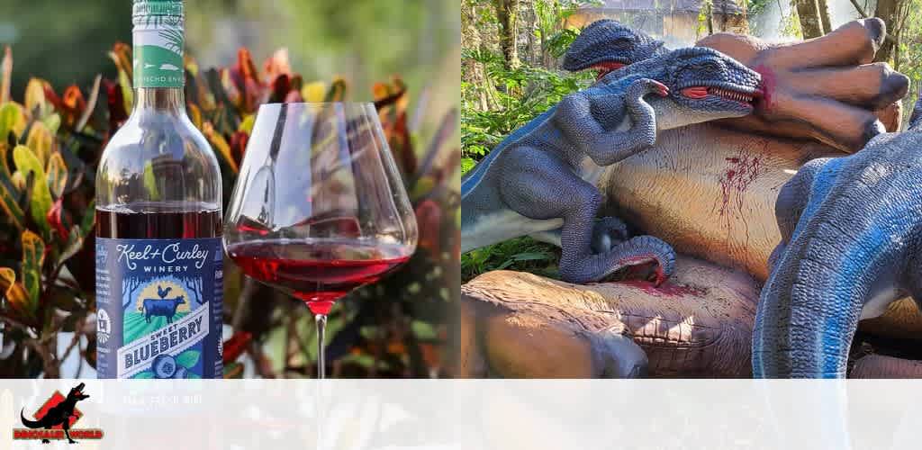 A bottle of blueberry wine and a glass on the left; dinosaur sculptures in a forest setting on the right.