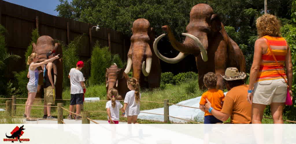 Visitors at a park gaze at large mammoth statues on a sunny day.