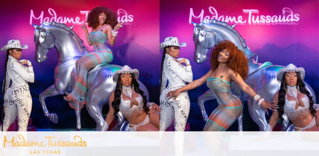 Women posing with a silver horse statue at Madame Tussauds Las Vegas.