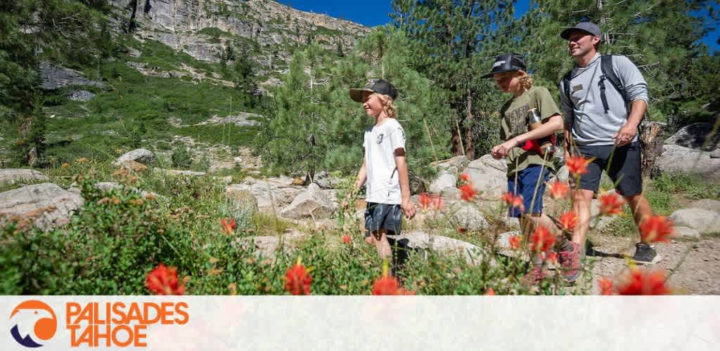 Three people hiking on a trail surrounded by wildflowers and rocky cliffs.