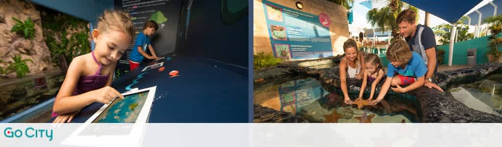 A young girl interacts with an educational exhibit, while a family of four explores a touch pool, engaging with marine life at an aquarium. The vibrant setting is filled with informational displays and surrounded by tropical plants, creating an interactive and educational experience.