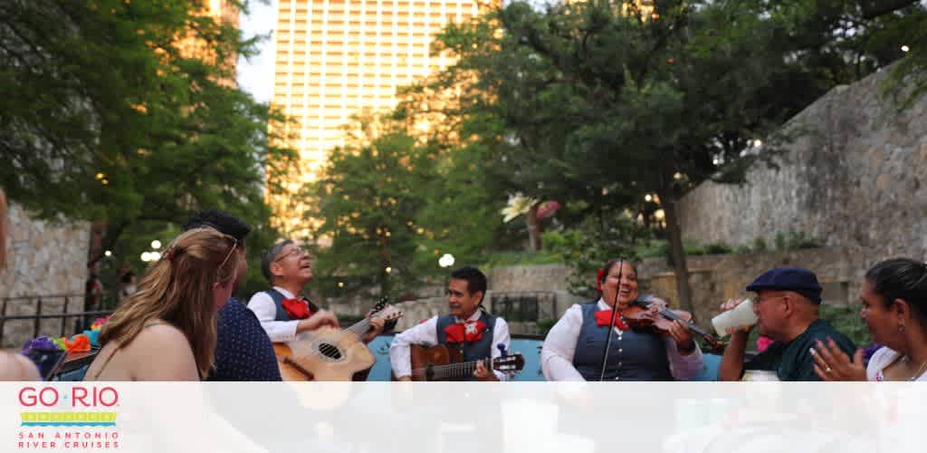 People enjoying music outdoors with musicians playing instruments.