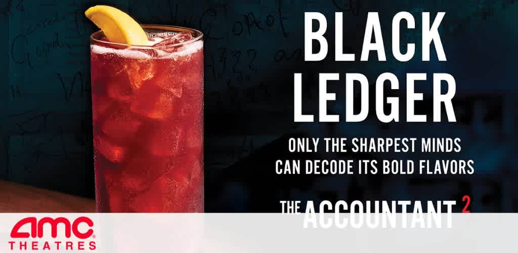 A tall glass of dark red beverage with ice and a lemon slice, with text promoting